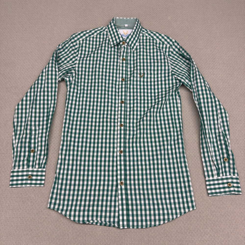 Bavaria Trachten Shirt Mens Small Green Gingham Plaid Button Down Cotton Casual